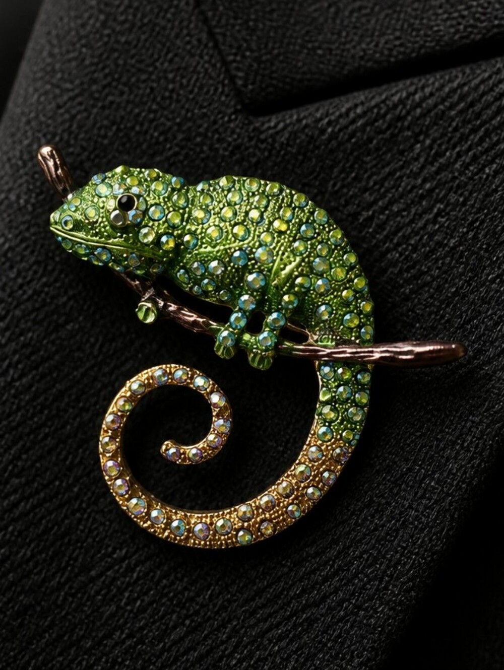 Chameleon Brooch Green Enamel AB Rhinestone Curled Tail Reptile Lizard Pin 3"